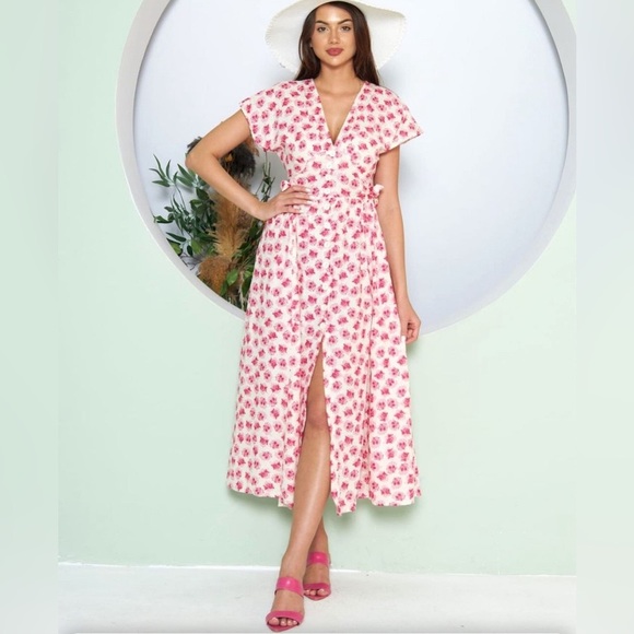 Pink midi dress with floral + birds pattern - Picture 1 of 8